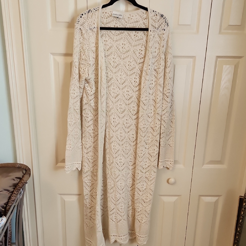 Cream Crochet Long Cardigan